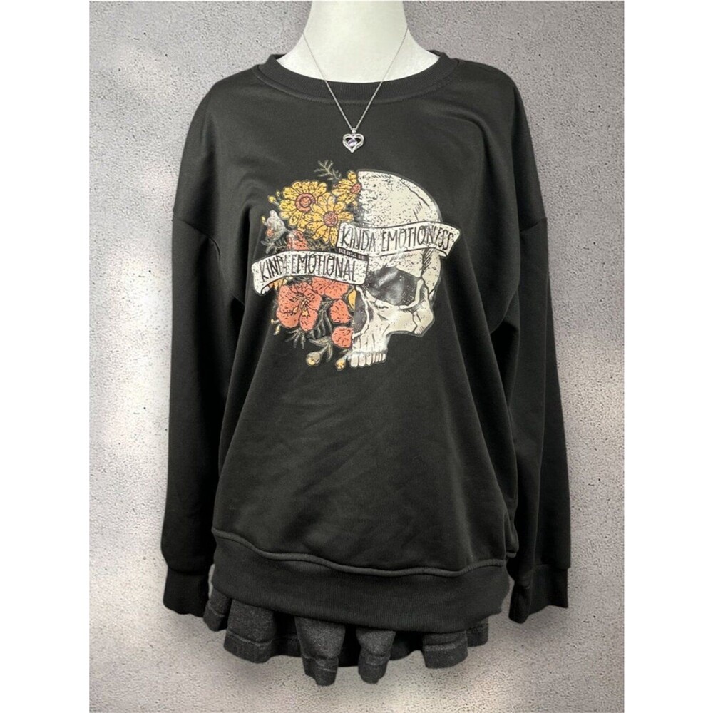"Kinda Emotional" Flower Skull Sweatshirt Women’s M Black Gothic Emo Grunge Girl